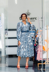 Blue and white patterned midi dress